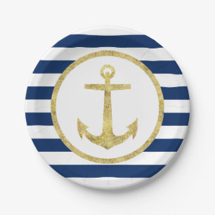 Nautical Wedding Gold Anchor Royal Blue Stripes Paper Plates