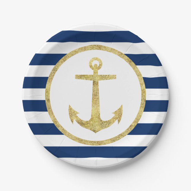 Nautical Wedding Gold Anchor Royal Blue Stripes Paper Plates (Front)