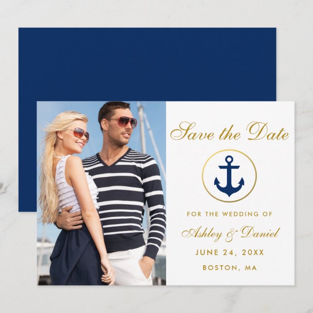 Nautical Wedding Gold Blue Save The Date Photo (Front/Back)