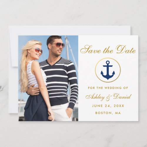 Nautical Wedding Gold Blue Save The Date Photo W