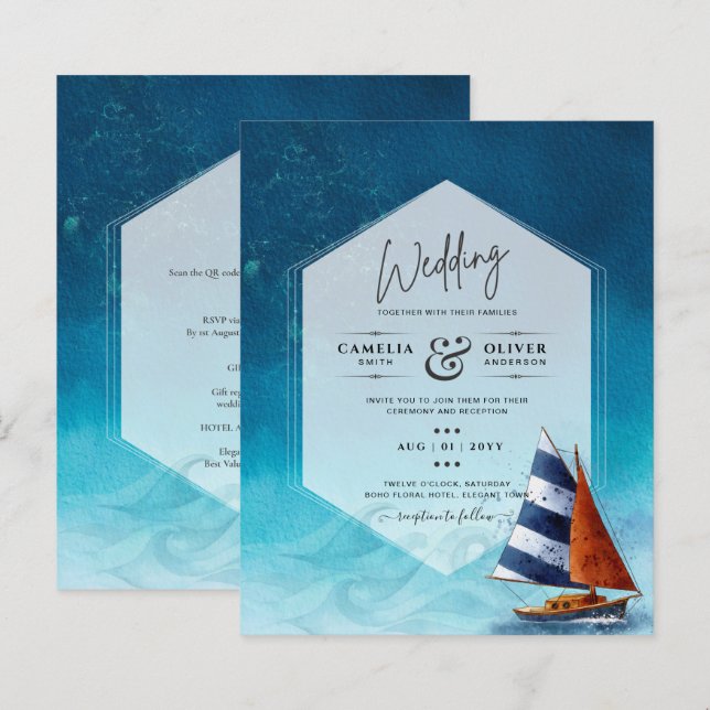 Nautical Wedding Invitation with Sailing Boat (Front/Back)