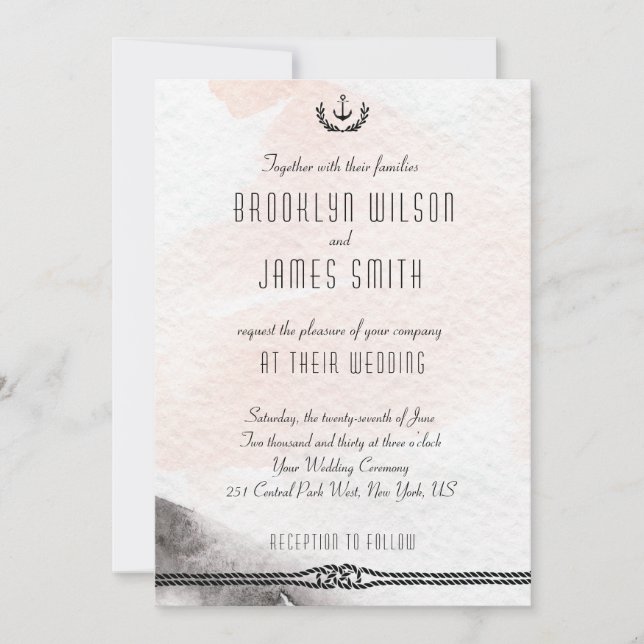 Nautical Wedding Invitations Watercolor Peach (Front)