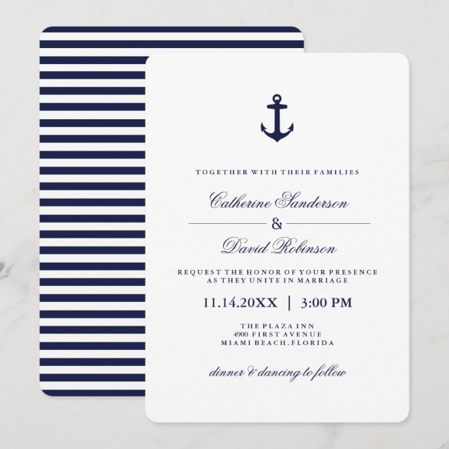 Nautical Wedding Invitations with Navy Stripes (Front/Back)