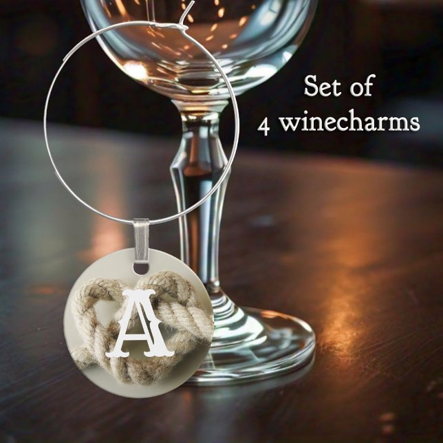 Nautical Wedding Knot Monogram Wine Charms (Romantic wine charms featuring a rope in a heart shaped knot - wedding - beach house)
