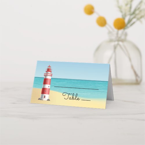 Nautical Wedding Lighthouse Beach Summer Blue Place Card