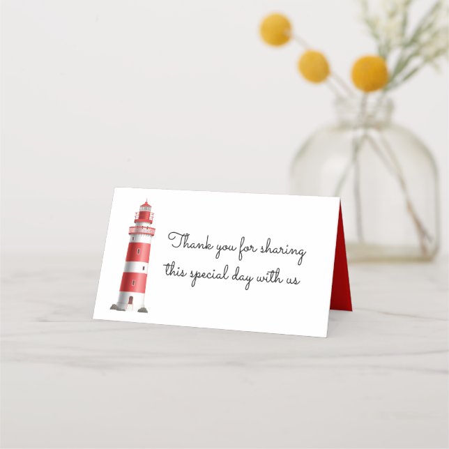Nautical Wedding Lighthouse Beach Summer Red Place Card (Front)