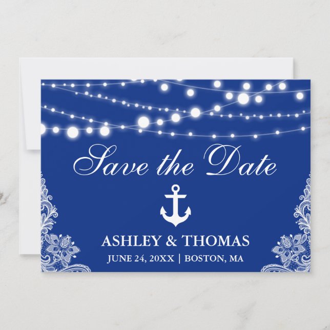 Nautical Wedding Lights & Lace Save the Date (Front)