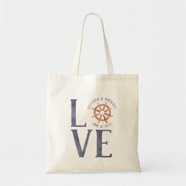 Nautical Wedding Love Watercolor Typography Tote Bag (Front)