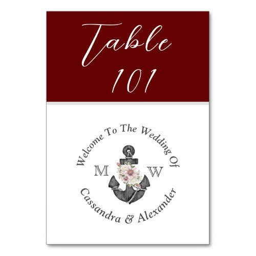 Nautical Wedding Maroon Red Floral Anchor Table Number