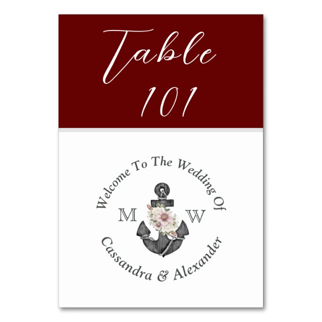 Nautical Wedding Maroon Red Floral Anchor Table Number (Front)