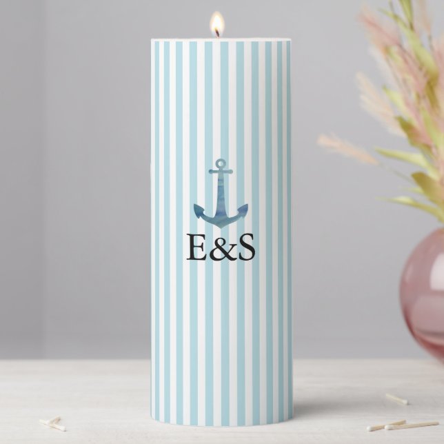 Nautical Wedding Monogram Blue Anchor Pillar Candle (In Situ)
