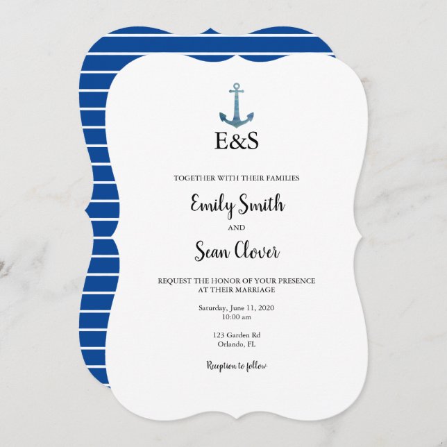 Nautical Wedding Monogram Blue Stripe Invitation (Front/Back)