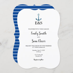 Nautical Wedding Monogram Blue Stripe Invitation