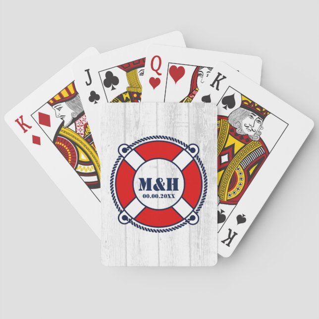 Nautical wedding monogram lifebuoy logo desk of poker cards (Back)