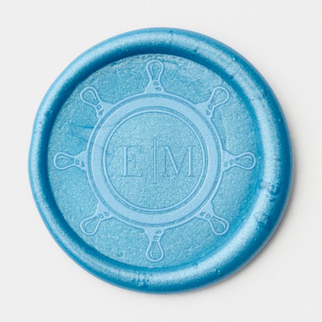 Nautical Wedding Monogram Ships Wheel Wax Seal Sticker (Front)