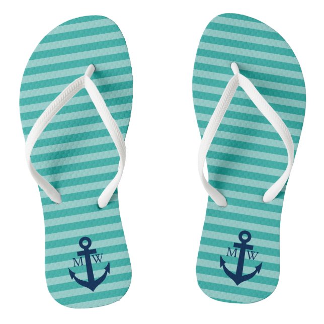 Nautical wedding monogram striped beach flip flops (Footbed)