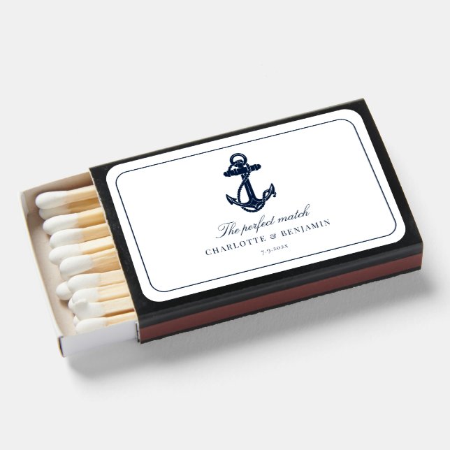 Nautical Wedding Navy Blue Anchor Custom Matchboxes (Front Open)