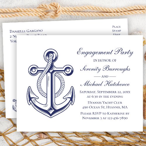 Nautical Wedding Navy Blue Anchor Engagement Party Postcard