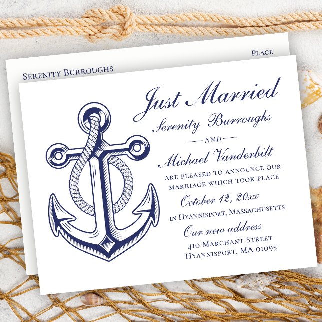 Nautical Wedding Navy Blue Anchor Just Married  Announcement Postcard (Creator Uploaded)