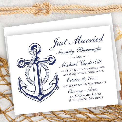 Nautical Wedding Navy Blue Anchor Just Married  Invitation