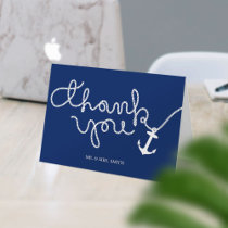 Nautical Wedding Navy Blue Anchor &amp; Rope Letterpress Thank You Card