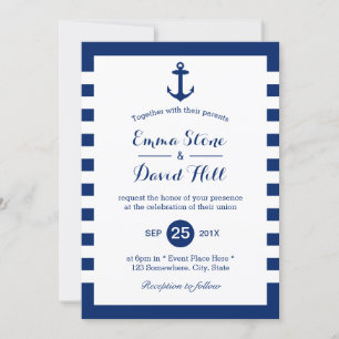Nautical Wedding Navy Blue Anchor & Stripes Invitation