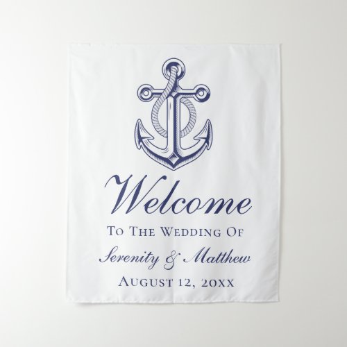 Nautical Wedding Navy Blue Anchor Welcome Sign Tapestry