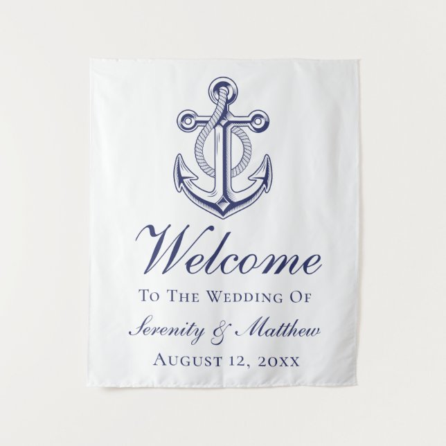Nautical Wedding Navy Blue Anchor Welcome Sign Tapestry (Front)