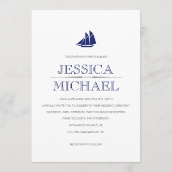 Nautical Wedding Navy Blue Boat With Sails Custom Invitation by PineAndBerry at Zazzle