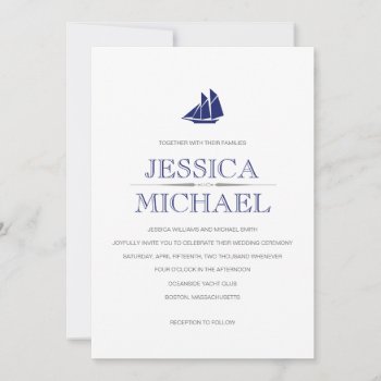 Nautical Wedding Navy Blue Boat With Sails Custom  Invitation by PineAndBerry at Zazzle