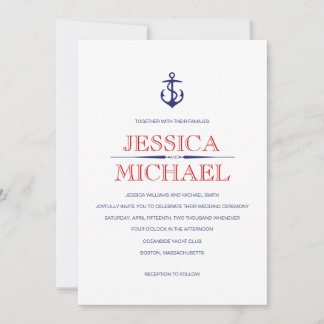 Nautical Wedding Navy Blue Nautical Red Stripes In Invitation