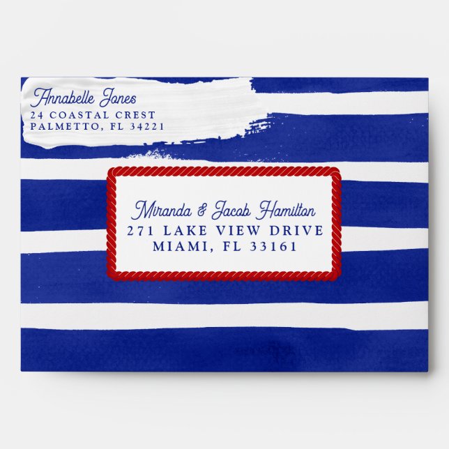 Nautical Wedding Navy Blue Red Striped Watercolor Envelope (Front)