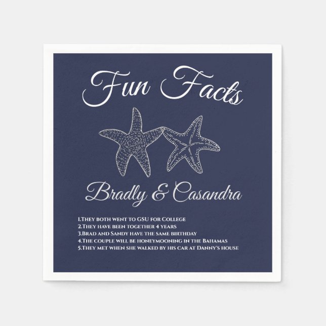 Nautical Wedding Navy Blue Starfish Fun Facts Napkins (Front)