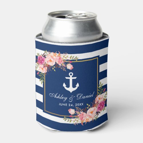 Nautical Wedding Navy Blue Striped Gold Floral Can Cooler