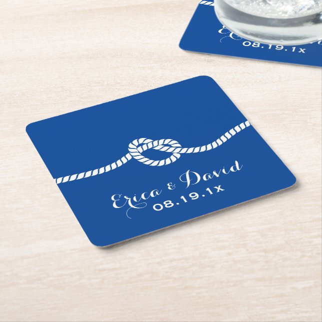 Nautical Wedding Navy Blue Tying the Knot Square Paper Coaster (Angled)