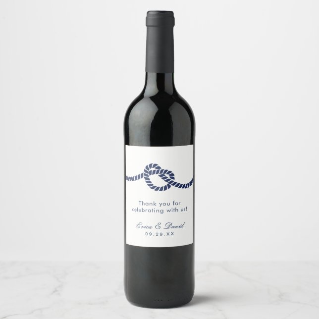 Nautical Wedding Navy Blue Tying the Knot Wine Label (Front)