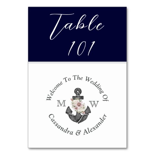 Nautical Wedding Navy Blue White Floral Anchor Table Number
