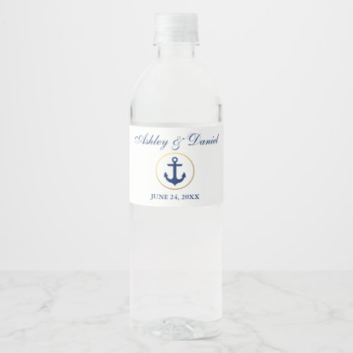 Nautical Wedding Navy Blue White Gold Water Bottle Label