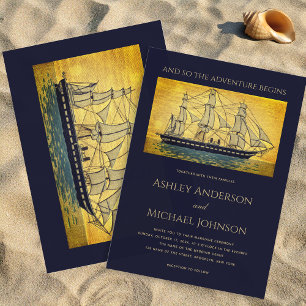 Nautical Wedding Navy Gold Ship Adventure Begins Invitation