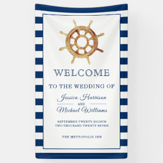 Nautical Wedding Navy Watercolor Steering Wheel Banner