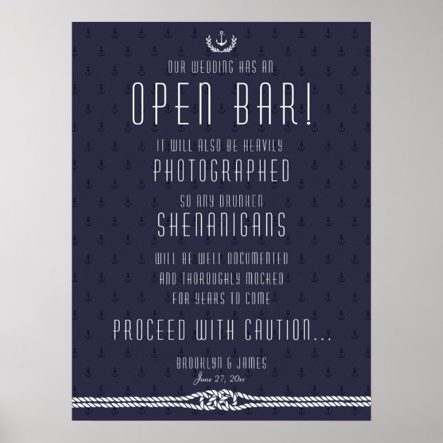 Nautical Wedding Open Bar Sign 18x24 Blue Anchors (Front)
