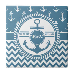 Nautical Wedding or Anniversary Anchor Chevron Ceramic Tile
