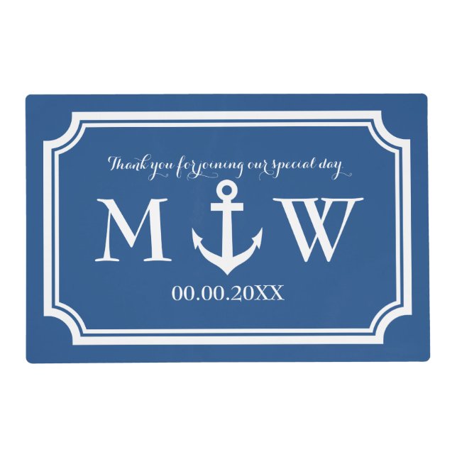 Nautical wedding placemats with monogrammed anchor (Front)