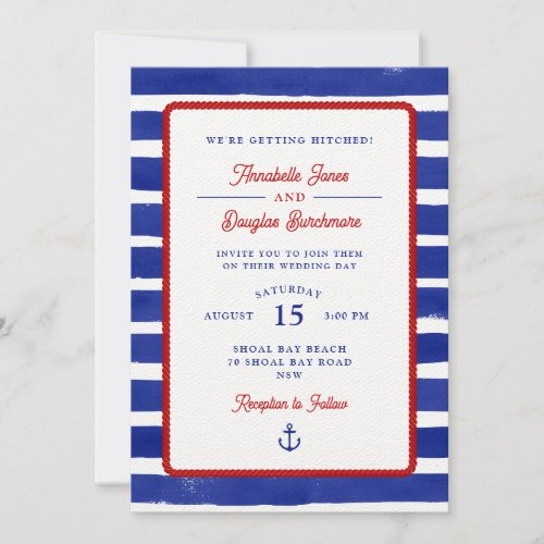 Nautical Wedding Rustic Blue Watercolor Stripes  Invitation