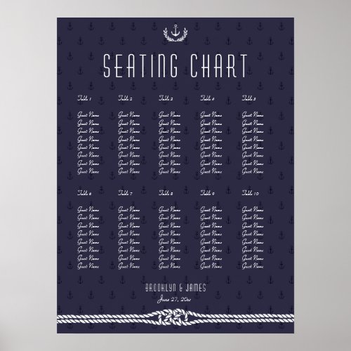 Nautical Wedding Seating Chart 18x24 Blue Anchors