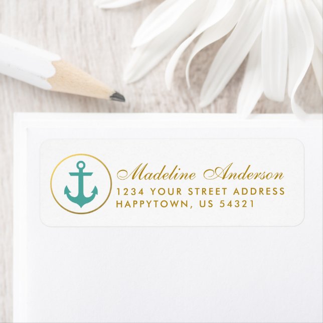 Nautical Wedding Teal Anchor Return Address Gold Label (Insitu)