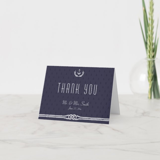 Nautical Wedding Thank You Note Card Blue Anchors (Front)