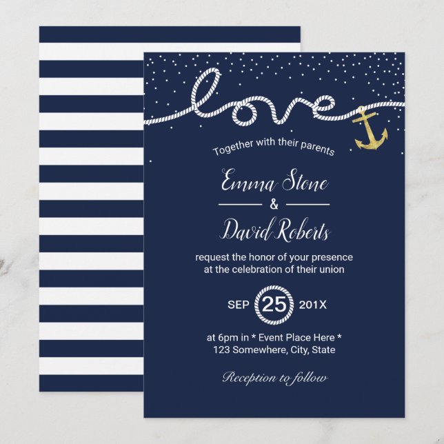 Nautical Wedding Tying the Knot Anchor Navy Blue Invitation (Front/Back)