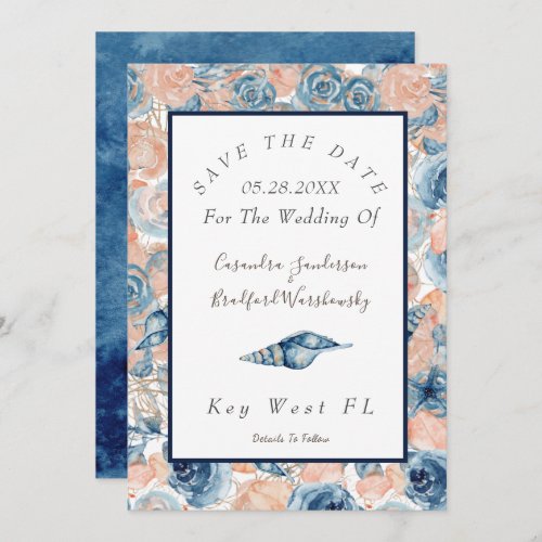Nautical Wedding Watercolor Sea Shells Roses Invitation