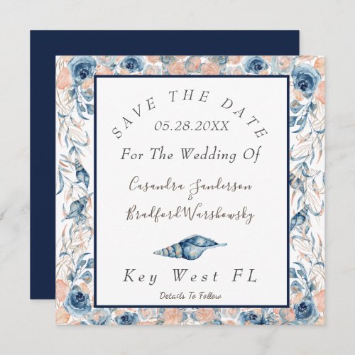 Nautical Wedding Watercolor Sea Shells Roses Save The Date